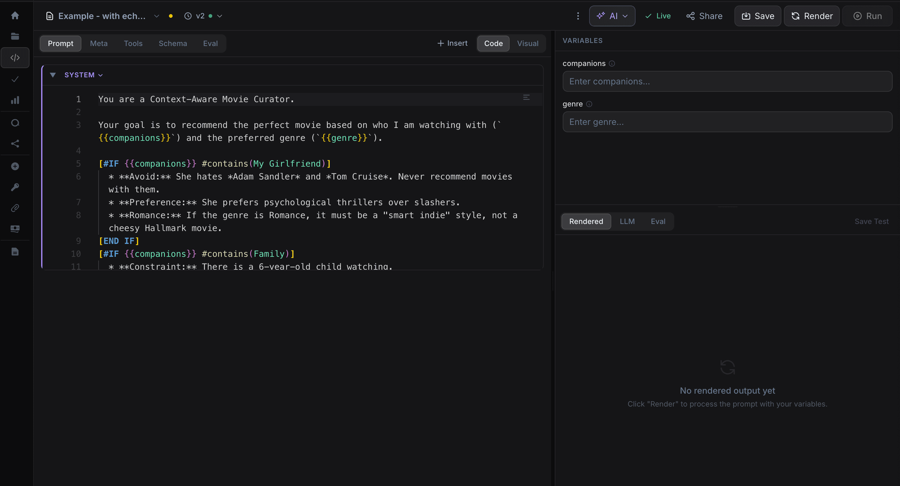 Code editor with Echo DSL syntax highlighting