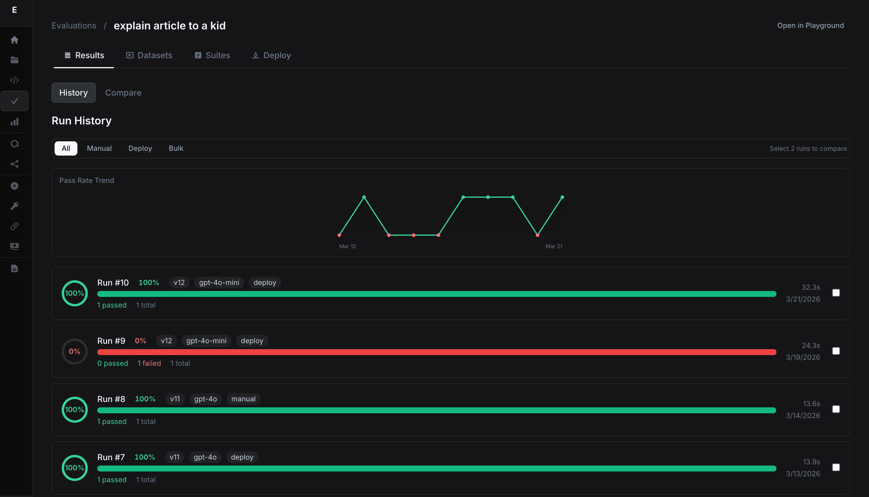 Evaluation runs with quality gates and test results