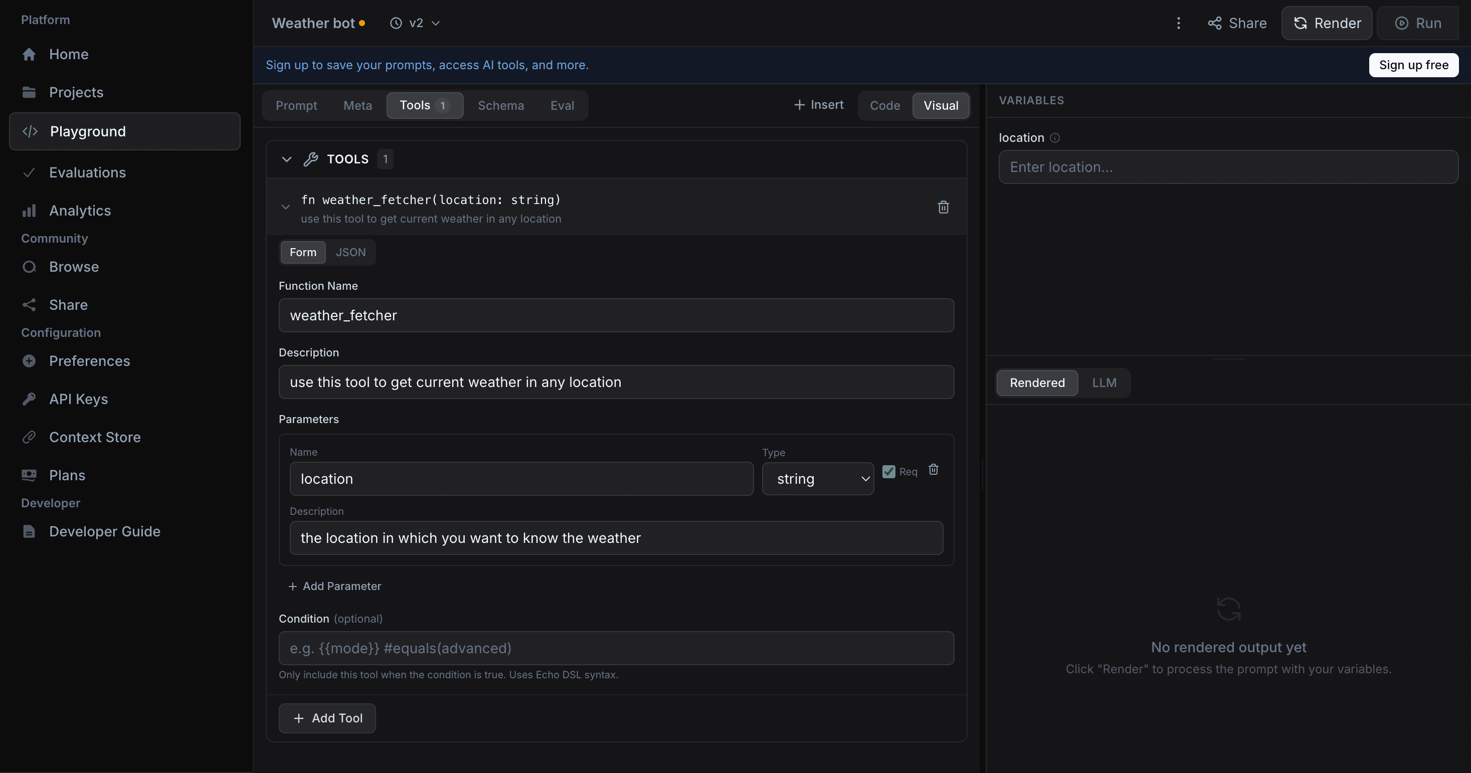 Playground with tool definitions and mock responses